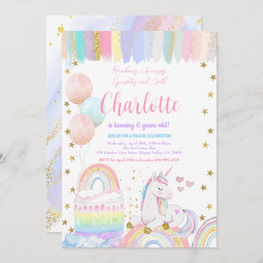 Unicorn Pastel Rainbow Sparkle Einladung (Vorne/Hinten)