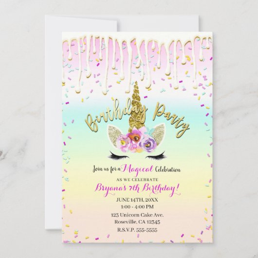 Unicorn Pastel Rainbow Zuckerguss Tropfen Geburtst Einladung (Vorderseite)