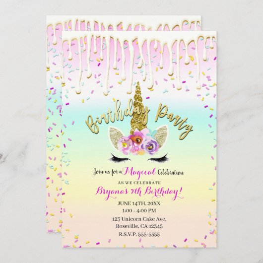 Unicorn Pastel Rainbow Zuckerguss Tropfen Geburtst Einladung (Vorne/Hinten)