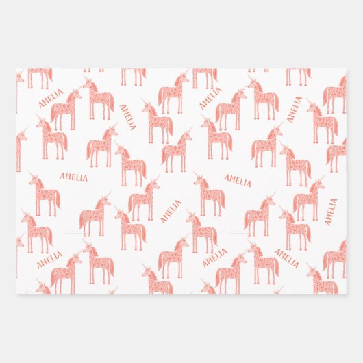 Unicorn Personalisierter Name Rosa Geschenkpapier Set (Vorderseite)