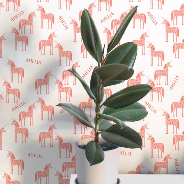 Unicorn Personalisierter Name Rosa Tapete (Personalized custom name pink unicorn peel and stick wallpaper for a nursery, baby or girl’s room)