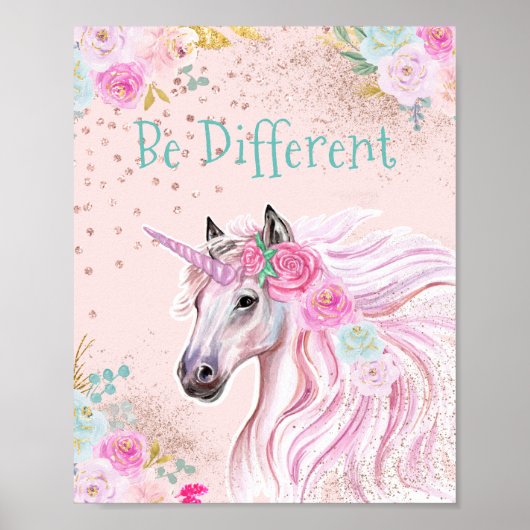 Unicorn Pink Aquamarin Floral Gold Glitzer Glam Poster (Vorne)