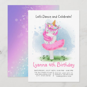 Unicorn Pink Ballerina Aquarell Blumenbäume Geburt Einladung