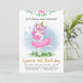 Unicorn Pink Ballerina Aquarell Blumenbäume Geburt Einladung (Stehend Vorderseite)