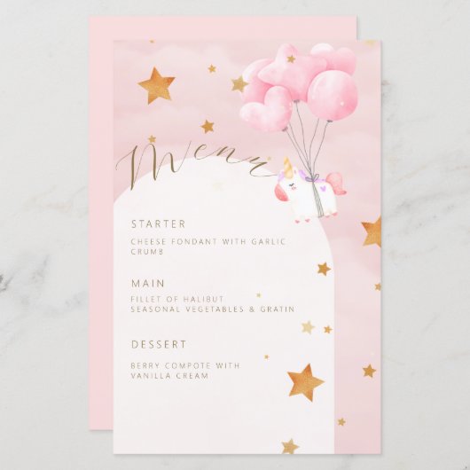 Unicorn Pink Clouds Girl Baby Shower Menü (Vorne/Hinten)