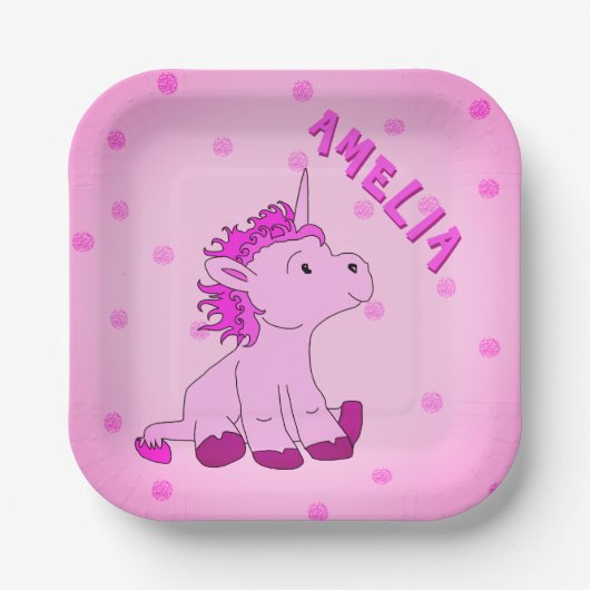 Unicorn Pink Dot Pattern Girl Birthday Pappteller (Vorderseite)