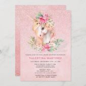Unicorn Pink Floral Glitzer Babydusche Einladung (Vorne/Hinten)