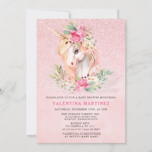 Unicorn Pink Floral Glitzer Babydusche Einladung