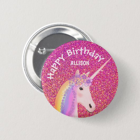 Unicorn Pink Glitter Girls Birthday Personalized Button (Vorne & Hinten)