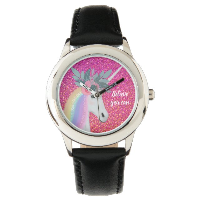 Unicorn Pink Glitzer Fantasy Blume Kinder Armbanduhr (Vorderseite)