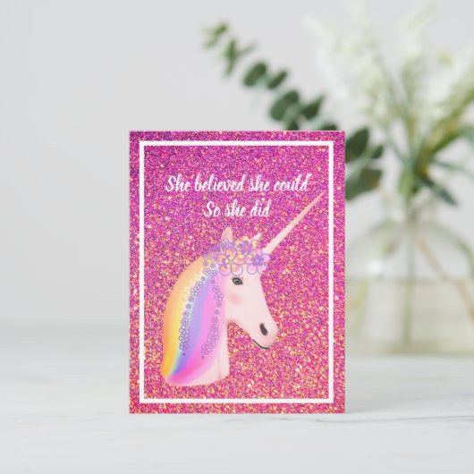 Unicorn Pink Glitzer Inspiration Sie glaubte Postkarte (Stehend Vorderseite)