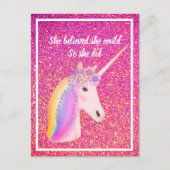Unicorn Pink Glitzer Inspiration Sie glaubte Postkarte (Vorderseite)