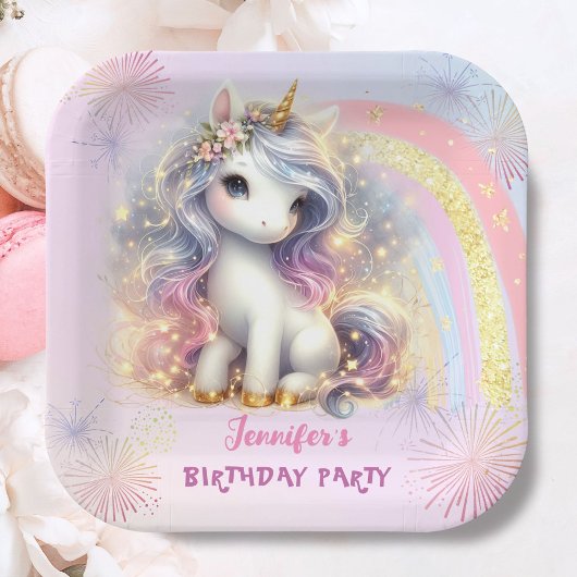 Unicorn Pink Gold Glitzer Girl Birthday Pappteller