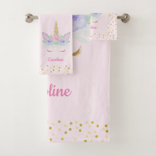 Unicorn Pink Gold Glitzer Girl's Name Badhandtuch Set