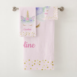 Unicorn Pink Gold Glitzer Girl's Name Badhandtuch Set
