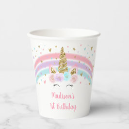 Unicorn Pink Gold Pastel Rainbow Birthday Pappbecher