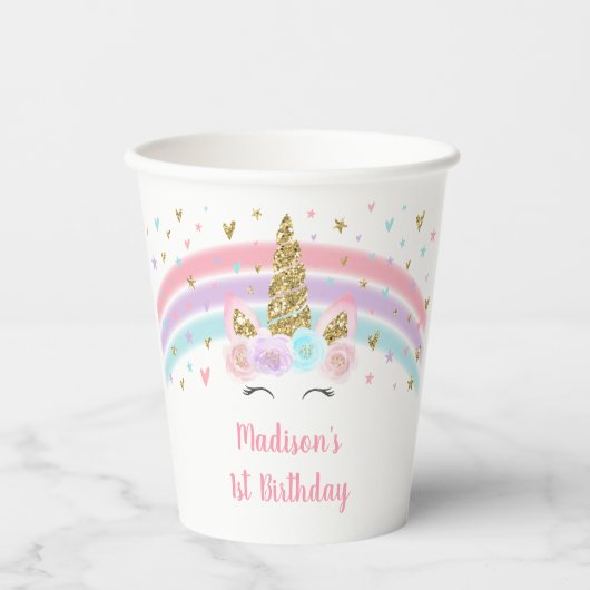 Unicorn Pink Gold Pastel Rainbow Birthday Pappbecher (Vorderseite)