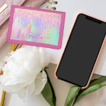 Unicorn, pink, lila Glitzer, Monogramm Tri-fold Geldbeutel<br><div class="desc">Ein holografischer, rätselhafter Hintergrund. Rosa, lila und Rose goldene Imitate mit Glitzer Staub und Regenbogenfarben eingetaucht. Personalisieren Sie Ihren Namen und fügen Sie ihn hinzu. Der Name wird mit einem handgeschriebenen Stilskript mit Swashes geschrieben. Um die Swashes behalten, löschen Sie nur den Beispielnamen, verlass die Leerzeichen oder Emoji's vor und...</div>