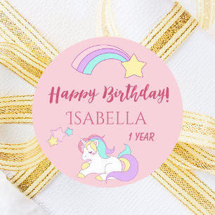 Unicorn pink magical happy birthday girl runder aufkleber