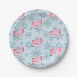 Unicorn Pink Niedlich Girl Whimsical Schneeflocken Pappteller