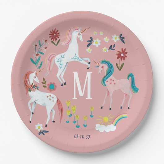 Unicorn pink niedlich magische Girls Monogramm Geb Pappteller (Vorderseite)