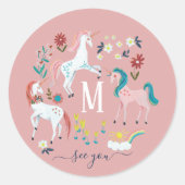Unicorn pink niedlich magische Girls Monogramm Geb Runder Aufkleber (Vorderseite)