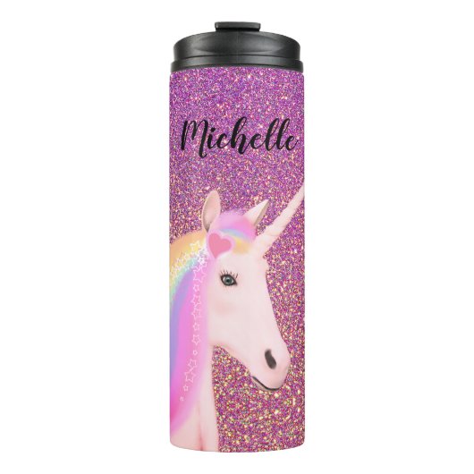 Unicorn Pink Ombre Glitzer Personalisiert Thermosbecher (Vorderseite)