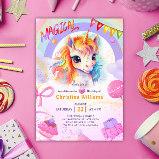 Unicorn Pink Rainbow Birthday Einladung