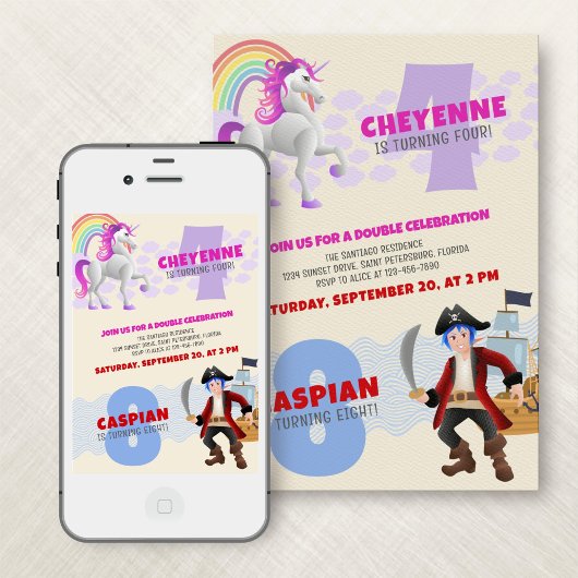 Unicorn Pirate Joint Double Birthday Einladung