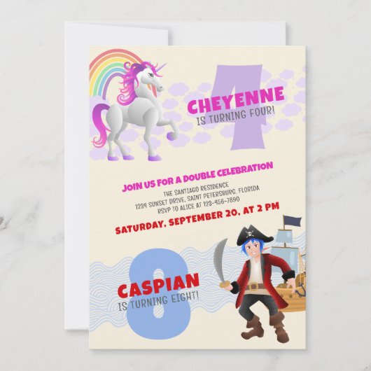 Unicorn Pirate Joint Double Birthday Einladung (Vorderseite)