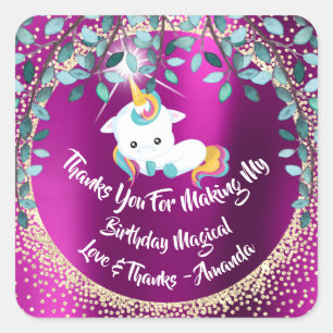 Unicorn Pony Danke für Fuchsia Glitzer Floral Quadratischer Aufkleber