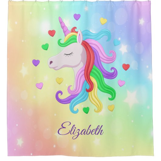 Unicorn Pony Rainbow Stars Pastel Girly Magical Duschvorhang (Vorderseite)