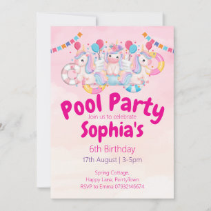 Unicorn Pool Party 6. Geburtstag Einladung   Pink
