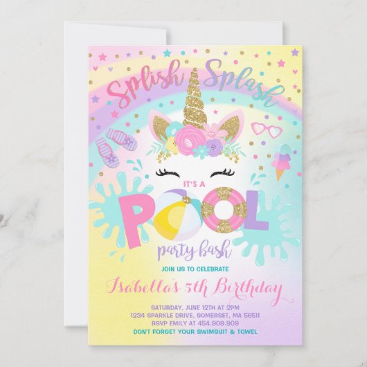 Unicorn-Pool-Party Einladung (Vorderseite)