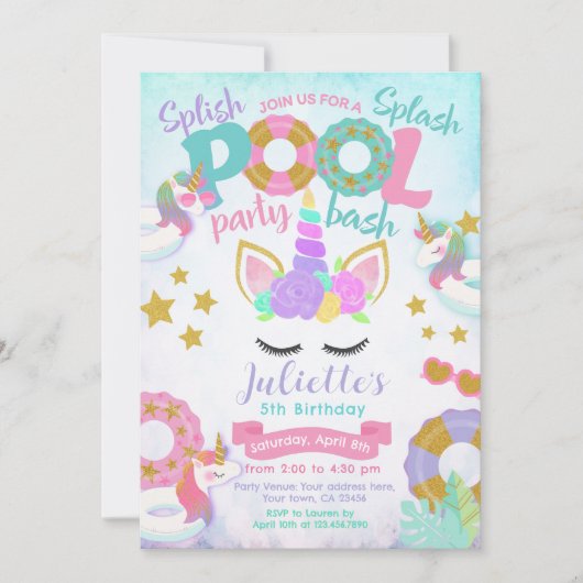 Unicorn Pool Party Einladung (Vorderseite)