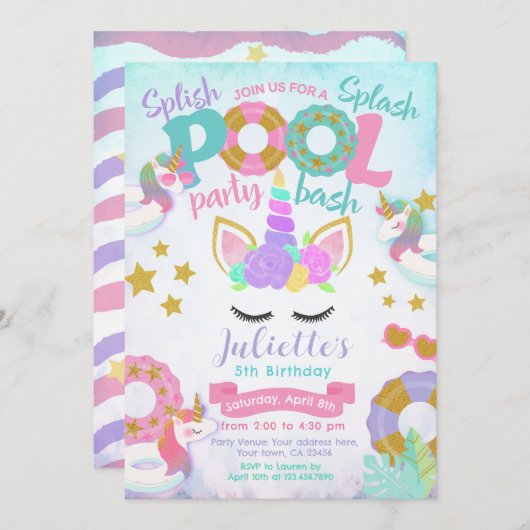 Unicorn Pool Party Einladung (Vorne/Hinten)