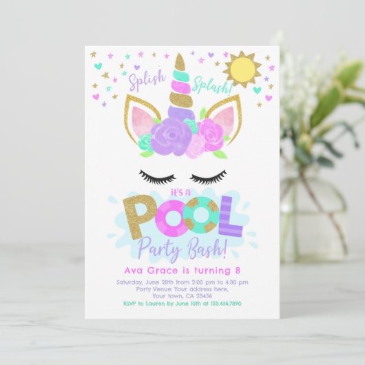 Unicorn Pool Party Einladung (Stehend Vorderseite)