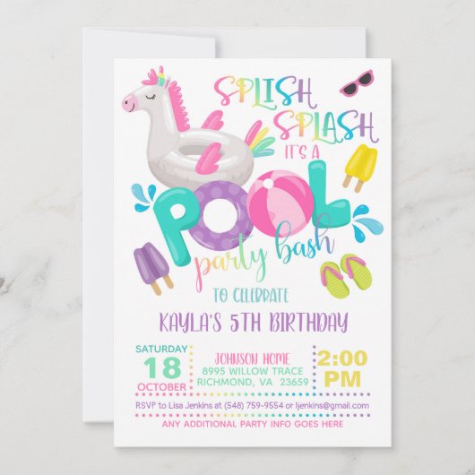 Unicorn Pool Party Einladung (Vorderseite)