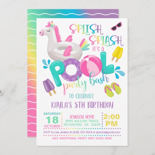 Unicorn Pool Party Einladung (Vorne/Hinten)
