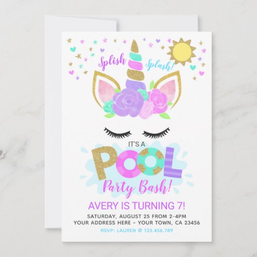 Unicorn Pool Party Einladung (Vorderseite)