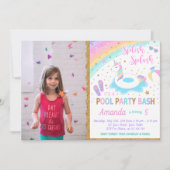Unicorn Pool Party Foto Einladung Rosa & Gold (Vorderseite)
