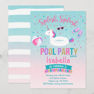 Unicorn Pool Party Geburtstag Einladung Pink Gold