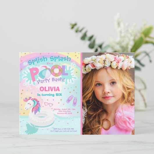 Unicorn Pool Party Invitation Pool Birthday Party Einladung (Stehend Vorderseite)