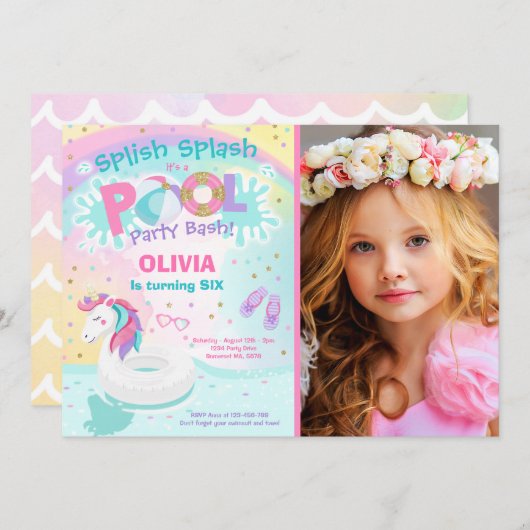 Unicorn Pool Party Invitation Pool Birthday Party Einladung (Vorne/Hinten)
