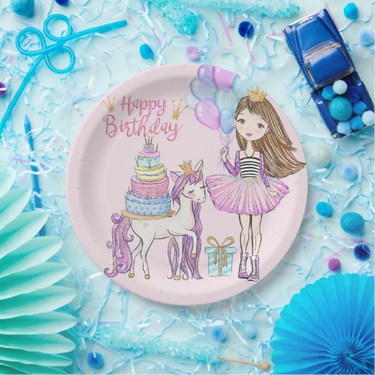 Unicorn Princess Cooles Brünettes Mädchen Geburtst Pappteller (Party)