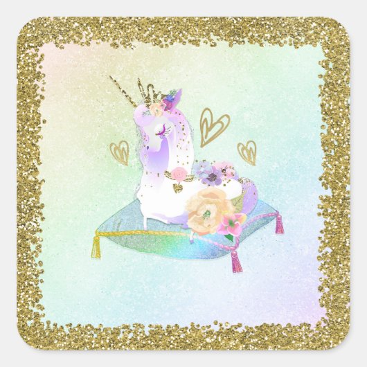 Unicorn Princess Iridescent Rainbow Pastel Party Quadratischer Aufkleber (Vorderseite)