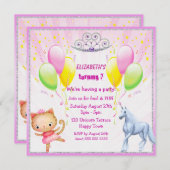 Unicorn, Princess Kitty, Tiara & Balloons Invites Einladung (Vorne/Hinten)