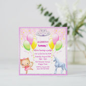 Unicorn, Princess Kitty, Tiara & Balloons Invites Einladung (Stehend Vorderseite)