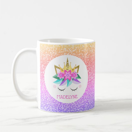 Unicorn Princess Rainbow Glitzer Personalisierter  Kaffeetasse (Links)