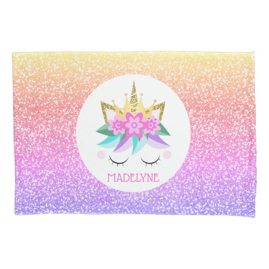Unicorn Princess Rainbow Glitzer Personalisierter Kissenbezug (Vorderseite)